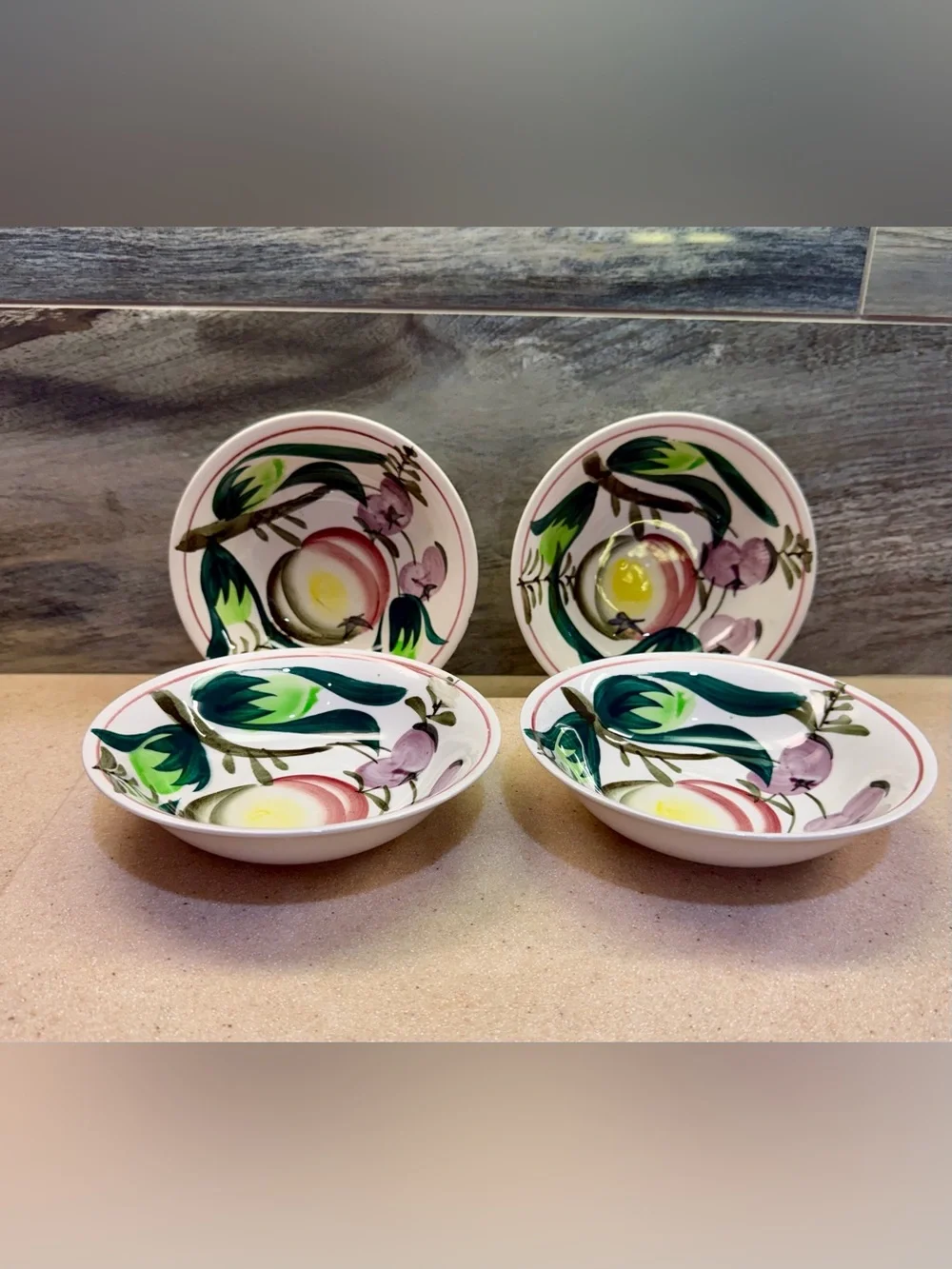 Hand-Painted Tropical Fruit Iron Stone Side Bowls set-4 Green Red Purple Yellow